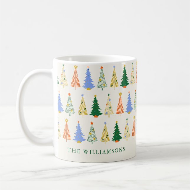 Personalised Cute Christmas Trees Red Green Boho  Coffee Mug (Left)
