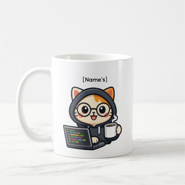 Personalised Cute Coder Cat Coffee Mug (Left)