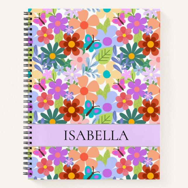 Personalised Cute Colourful Floral Pattern  Notebook (Front)