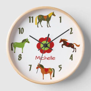 Personalised Cute Colourful Retro Ponies Horse Clock