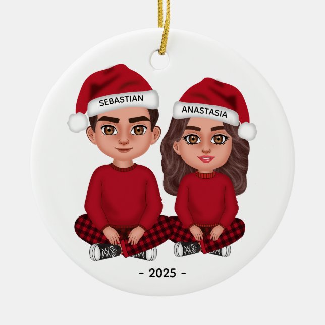 Personalised Cute Couple Dolls Christmas Ornament (Front)