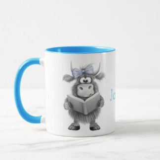 Personalised Cute Cow Mug with Blue Handle