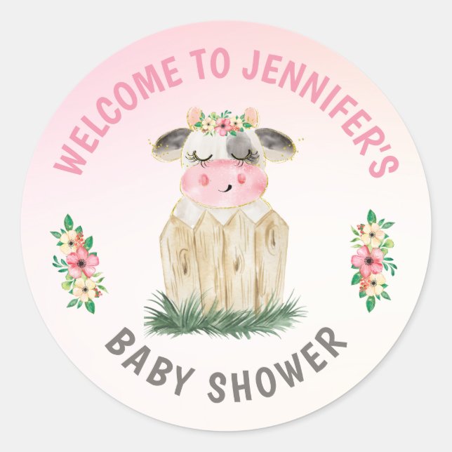 Personalised Cute Cow Pink Gold Baby Shower   Classic Round Sticker (Front)