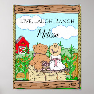 Personalised Cute Cowgirl and Teddy Bear on Ranch  Poster