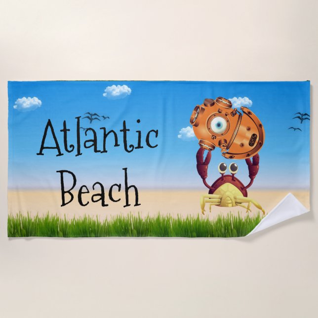 Personalised Cute Crab Holding Diving Helmet Beach Towel (Front)