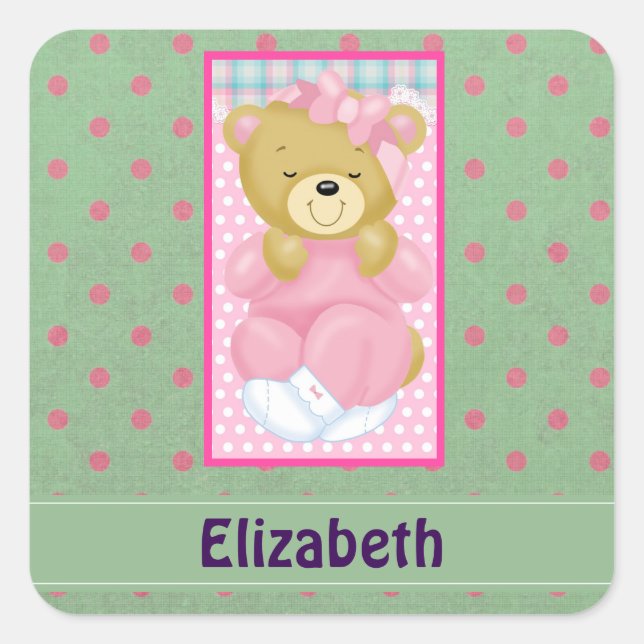 Personalised Cute Cuddly Bear Dressed in Pink Square Sticker (Front)