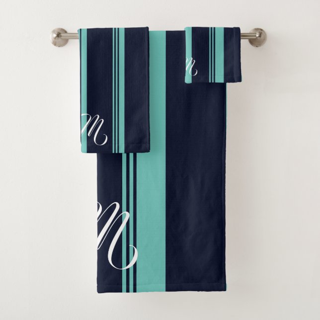 Personalised Cute Cursive Blue Vertical Stripes Bath Towel Set (Insitu)