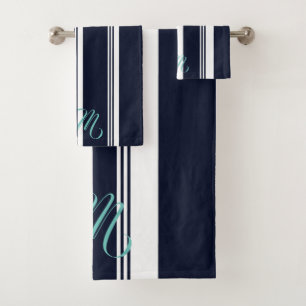 Personalised Cute Cursive Navy Vertical Stripes Bath Towel Set