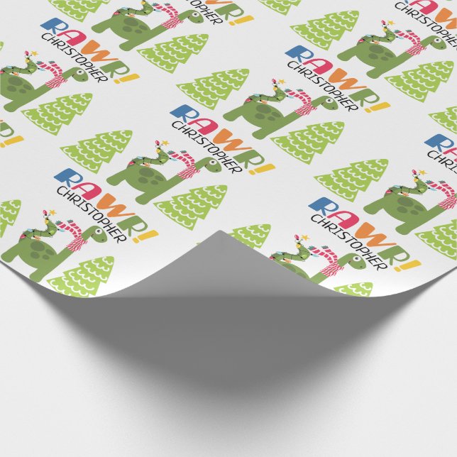 Personalised Cute Dinosaur Christmas Wrapping Paper (Corner)