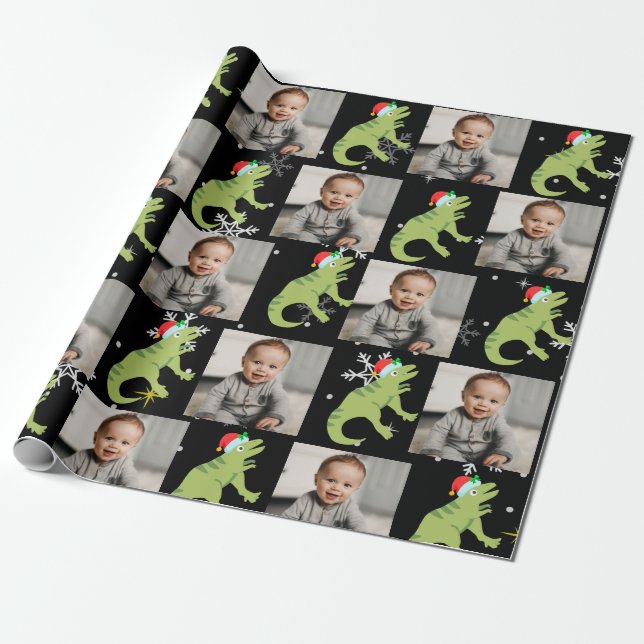 Personalised Cute Dinosaur Santa Merry Christmas Wrapping Paper (Unrolled)