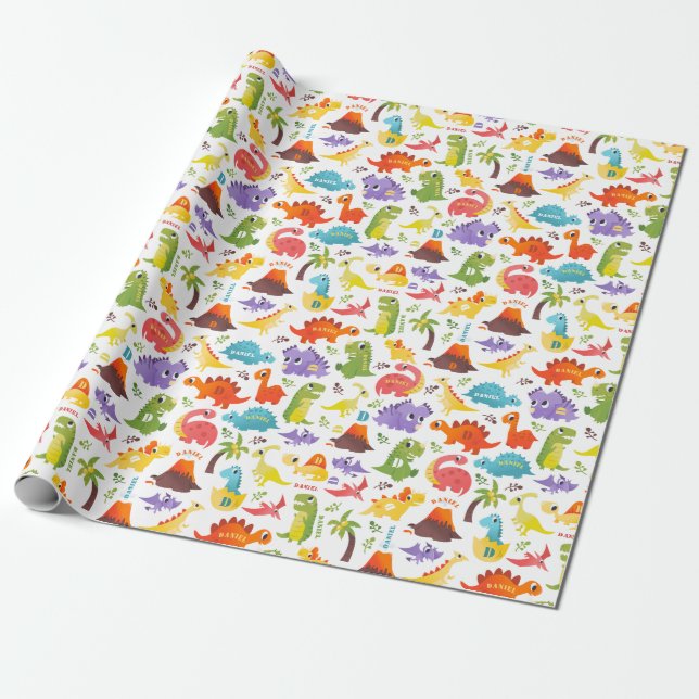 Personalised Cute Dinosaur wrapping paper (Unrolled)