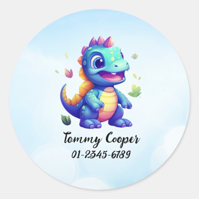 Personalised Cute dinosaurs, Name,Phone number Classic Round Sticker (Front)