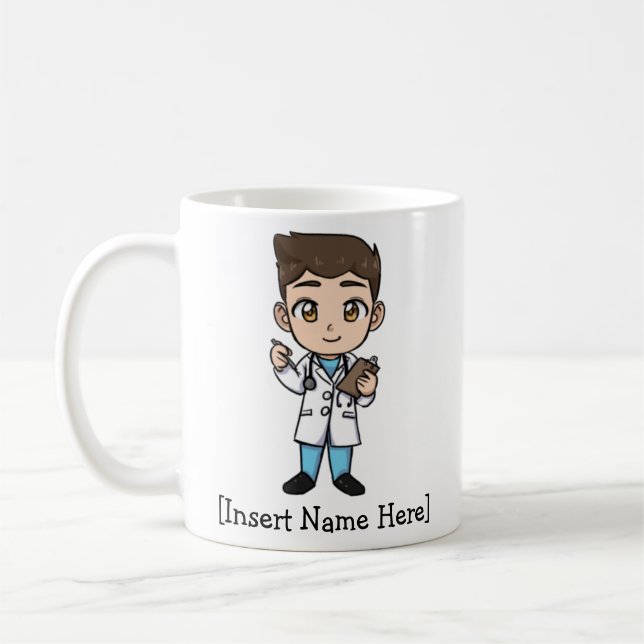 Personalised Cute Doctor, Brunette Male Coffee Mug (Left)