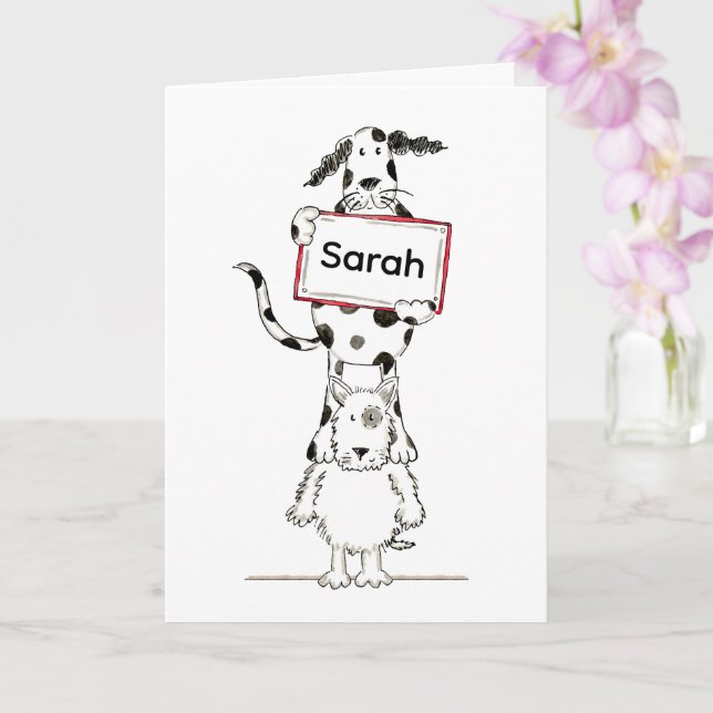 Personalised Cute Dog Acrobats Birthday Card (Orchid)