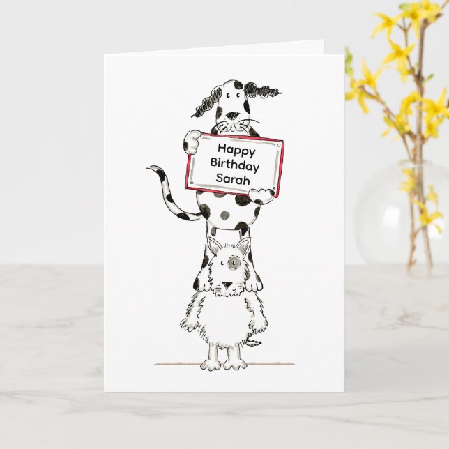 Personalised Cute Dog Acrobats Birthday Card (Yellow Flower)