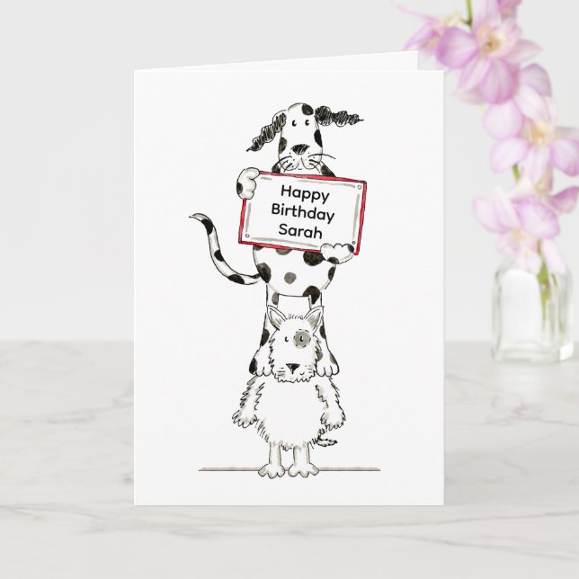 Personalised Cute Dog Acrobats Birthday Card (Orchid)