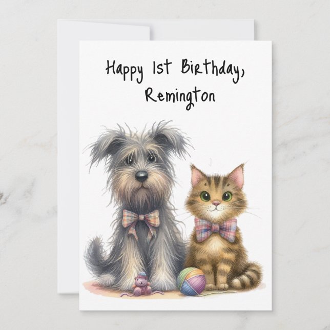Personalised Cute Dog and Cat Happy 1st Birthday  Card (Front)