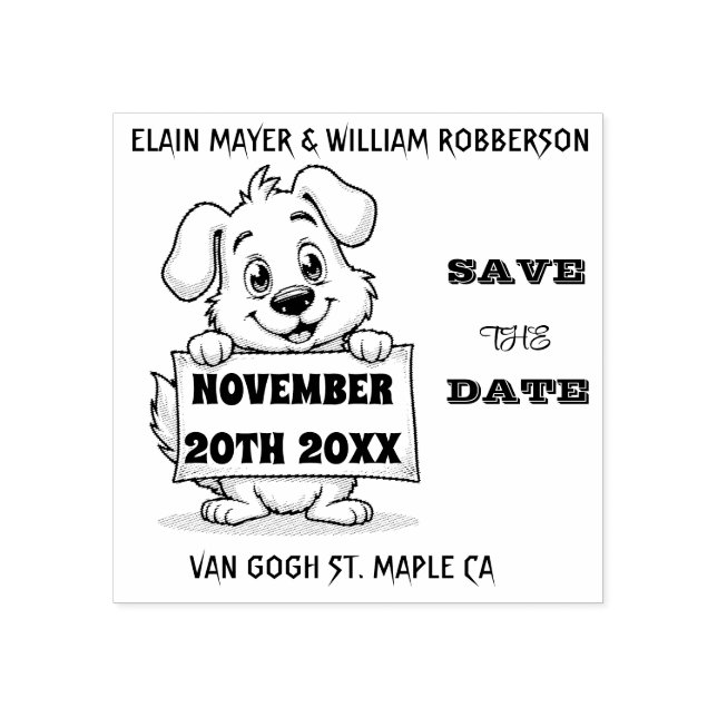 Personalised Cute Dog Save the DateWood Art Stamp (Imprint)