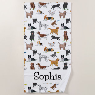 Personalised Cute Dogs Illustrations Pattern Beach Towel