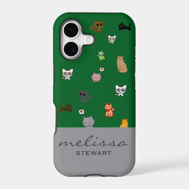 Personalised cute doodle cats kawaii green silver (Back)