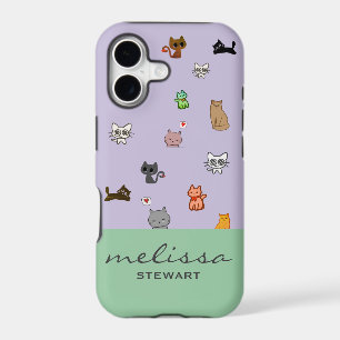 Personalised cute doodle cats kawaii purple green