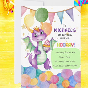 Personalised Cute Dragon Kids Birthday Invitation
