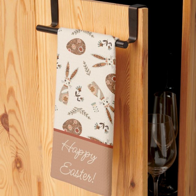 Personalised Cute Easter Bunny Rabbit Folk Tea Towel (Creator Uploaded)