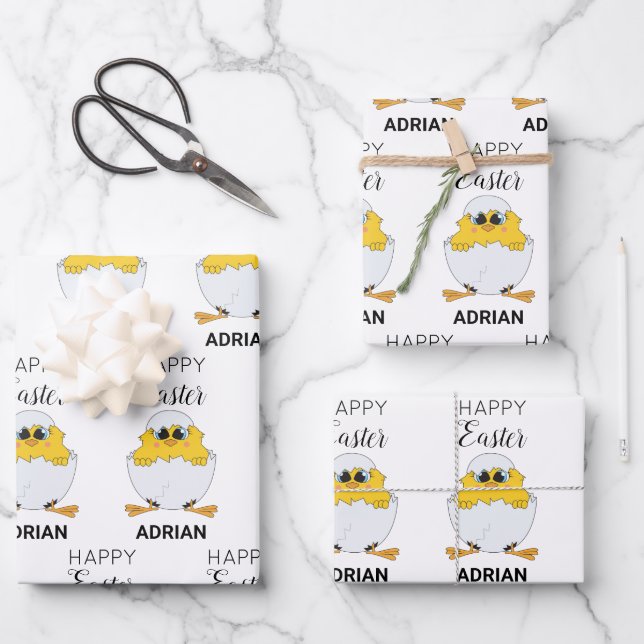 Personalised Cute Easter Egg & Chick Happy Easter  Wrapping Paper Sheet (Front)