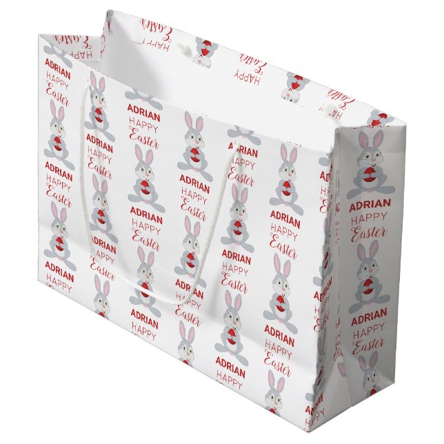 Personalised Cute Easter Rabbit Red Easter Egg  Large Gift Bag (Front Angled)