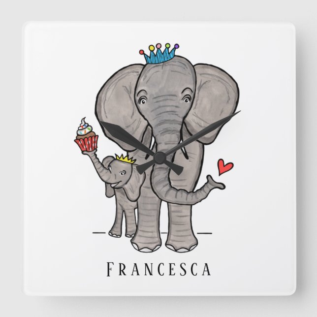 Personalised Cute Elephant and Baby Square Wall Clock (Front)