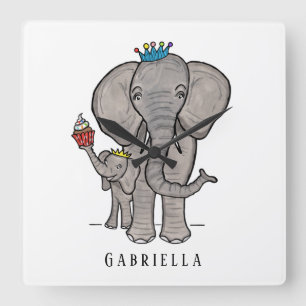 Personalised Cute Elephant and Baby Square Wall Clock