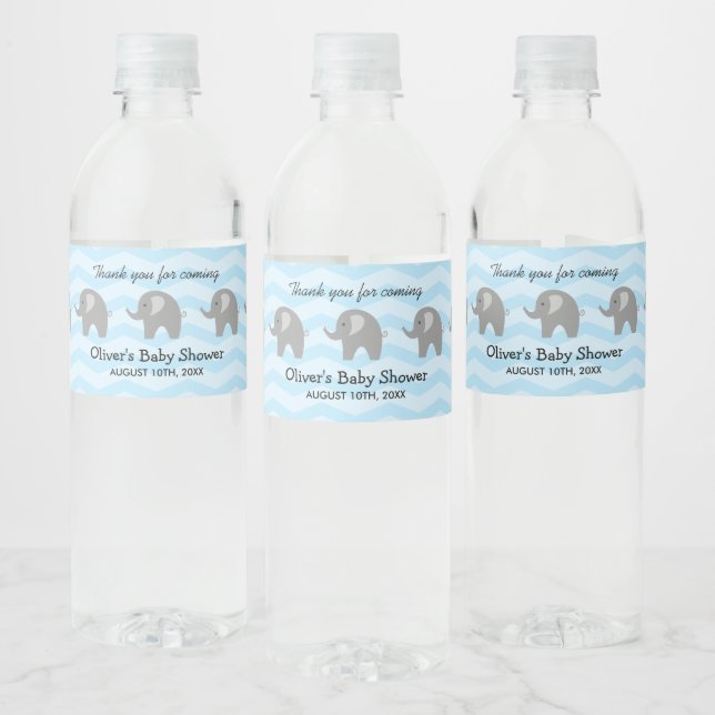 Personalised cute elephant baby shower zig zag water bottle label (Bottles)