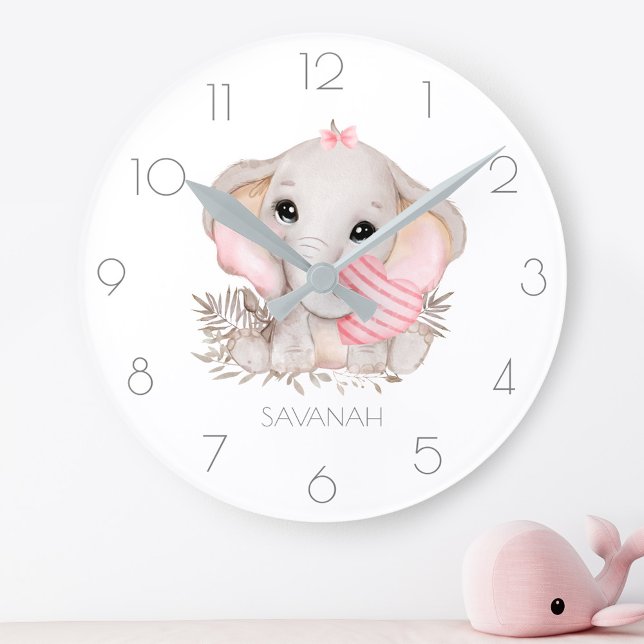 Personalised cute elephant girl pink round clock (Creator Uploaded)