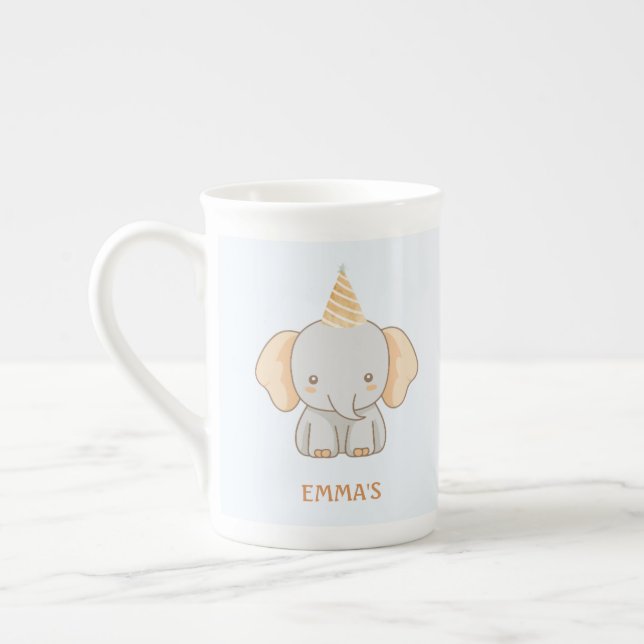 Personalised Cute Elephant Kids Name Bone China Mug (Left)