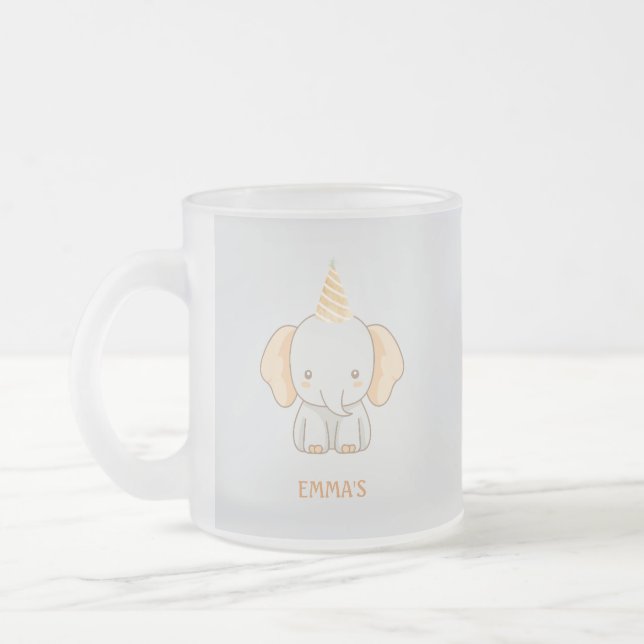 Personalised Cute Elephant Kids Name Frosted Glass Coffee Mug (Left)