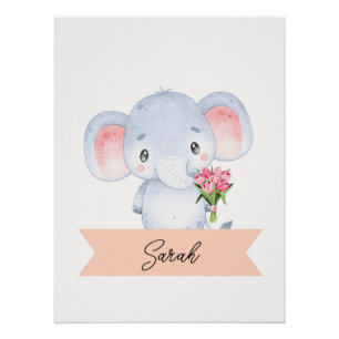 Personalised cute elephant Nursery Poster