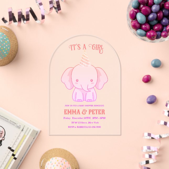 Personalised Cute Elephant Pink Baby Shower Acrylic Invitations (Insitu (Celebration))