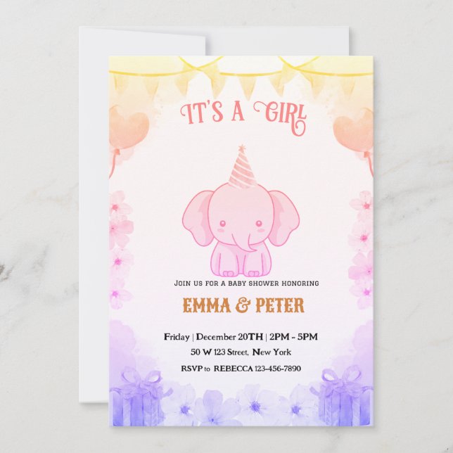 Personalised Cute Elephant Pink Baby Shower Invitation (Front)