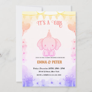 Personalised Cute Elephant Pink Baby Shower Invitation