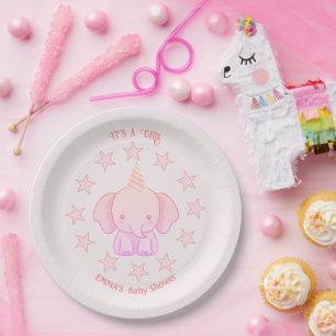 Personalised Cute Elephant Pink Baby Shower Paper Plate