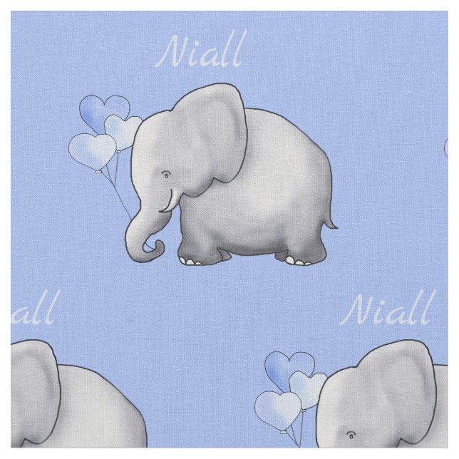 Personalised Cute Elephants Baby Boy Nursery Fabric (Close Up)