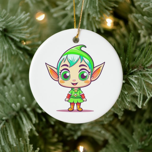 Personalised Cute Elf Christmas Ceramic Tree Decoration (Tree)