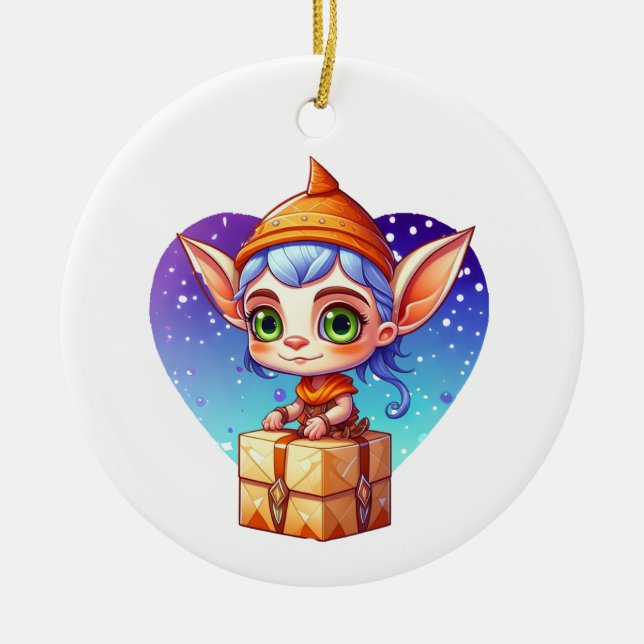 Personalised Cute Elf Christmas Ceramic Tree Decoration (Front)