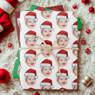 Personalised Cute Face Photo Santa Hat Christmas Wrapping Paper Sheet