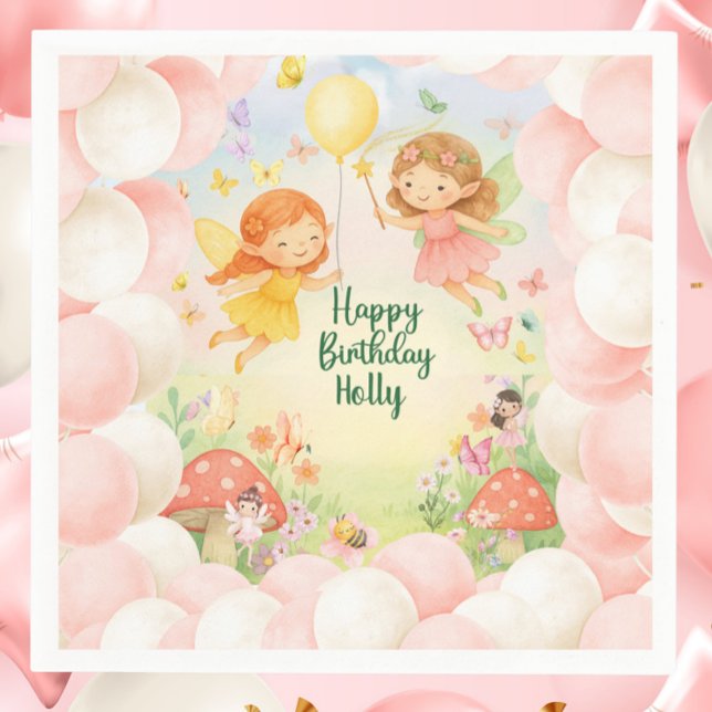 Personalised Cute Fairy Birthday Paper Napkin  (Personalized Fairy Birthday Paper Napkin | Cute Magical Fairies Party Tableware)