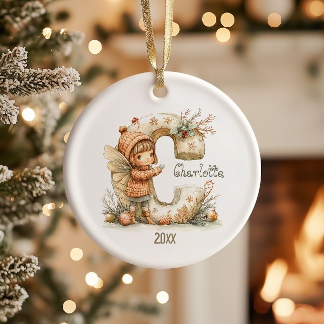 Personalised Cute Fairy Christmas Initial Keepsake Ceramic Tree Decoration (Creator Uploaded)