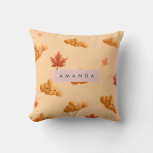 Personalised Cute Fall Croissant Café Leaves Cushion