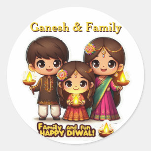 Personalised Cute Family in Diwali Attire Classic Round Sticker