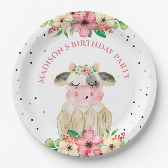 Personalised Cute Farm Cow Paper Birthday Plate (Front)