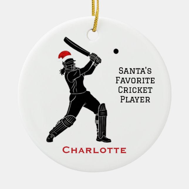 Personalised Cute Female Playing Cricket Santa Hat Ceramic Tree Decoration (Front)